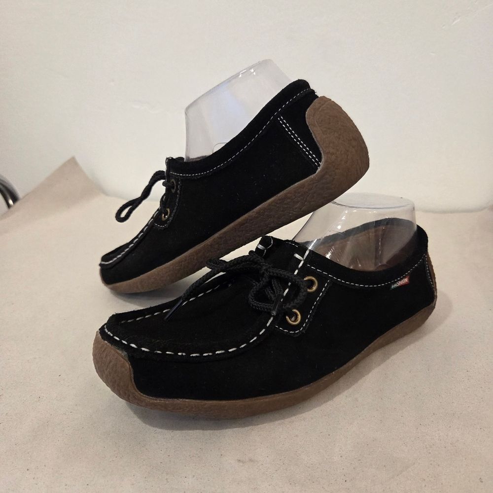 Black Leather Moccasin Sneakers Lace Up Comfort Suede Boho Indie Western 7.5